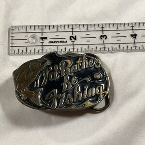 1985 GAP Brass Pewter Belt Buckle I'd Rather Be Fishing Mfg# 523 2 3/4" Wide USA